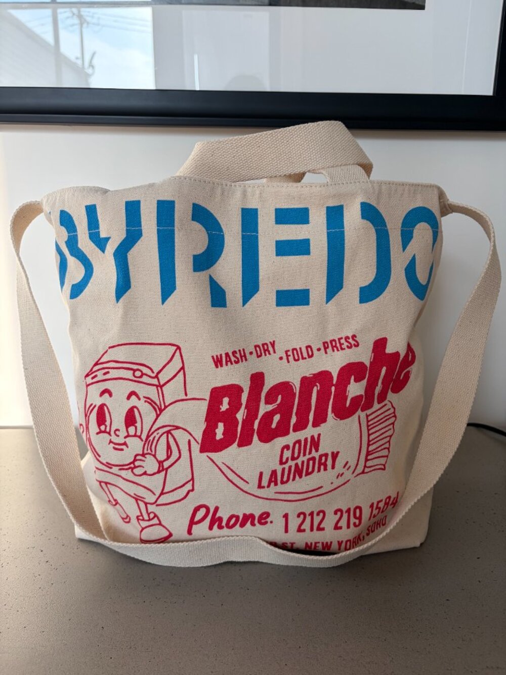 Byredo Blanche Coin Laundry Canvas Tote Bag Cream Blue Red Logo Shopper